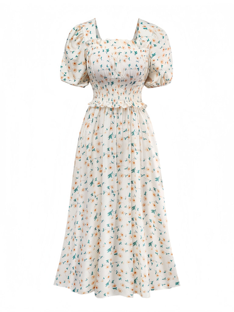 Gelb 1940er Blumen Quadratischer Hals Kleid