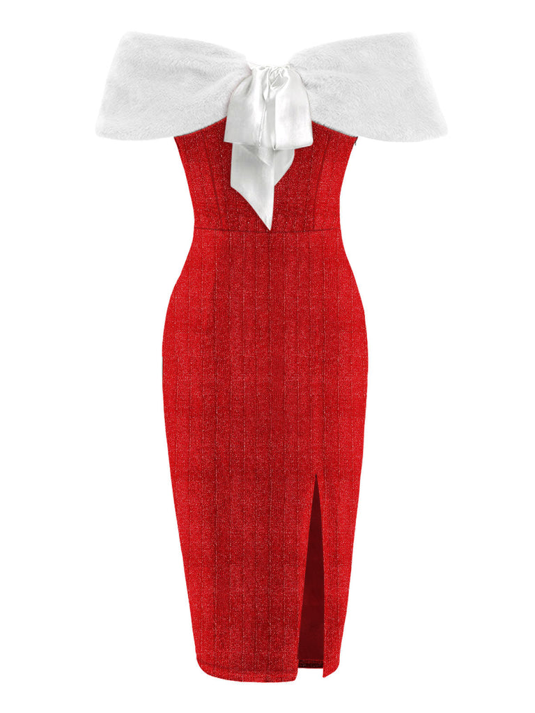 Rotes 1960er Plüschschleifen-Bleistiftkleid mit Umhang