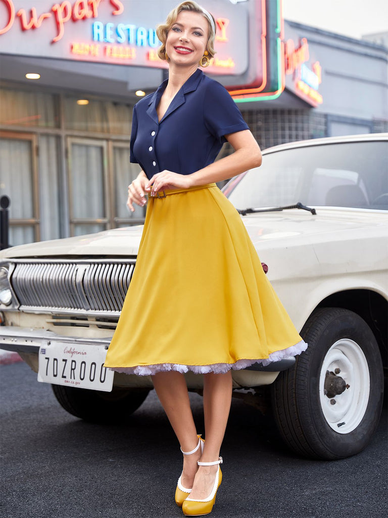 Khaki Grün 1950ER Patchwork V-Ausschnitt Kurzarm Swing Kleid