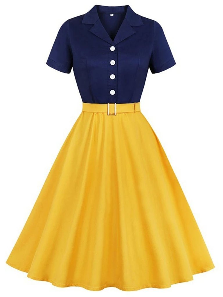 Khaki Grün 1950ER Patchwork V-Ausschnitt Kurzarm Swing Kleid