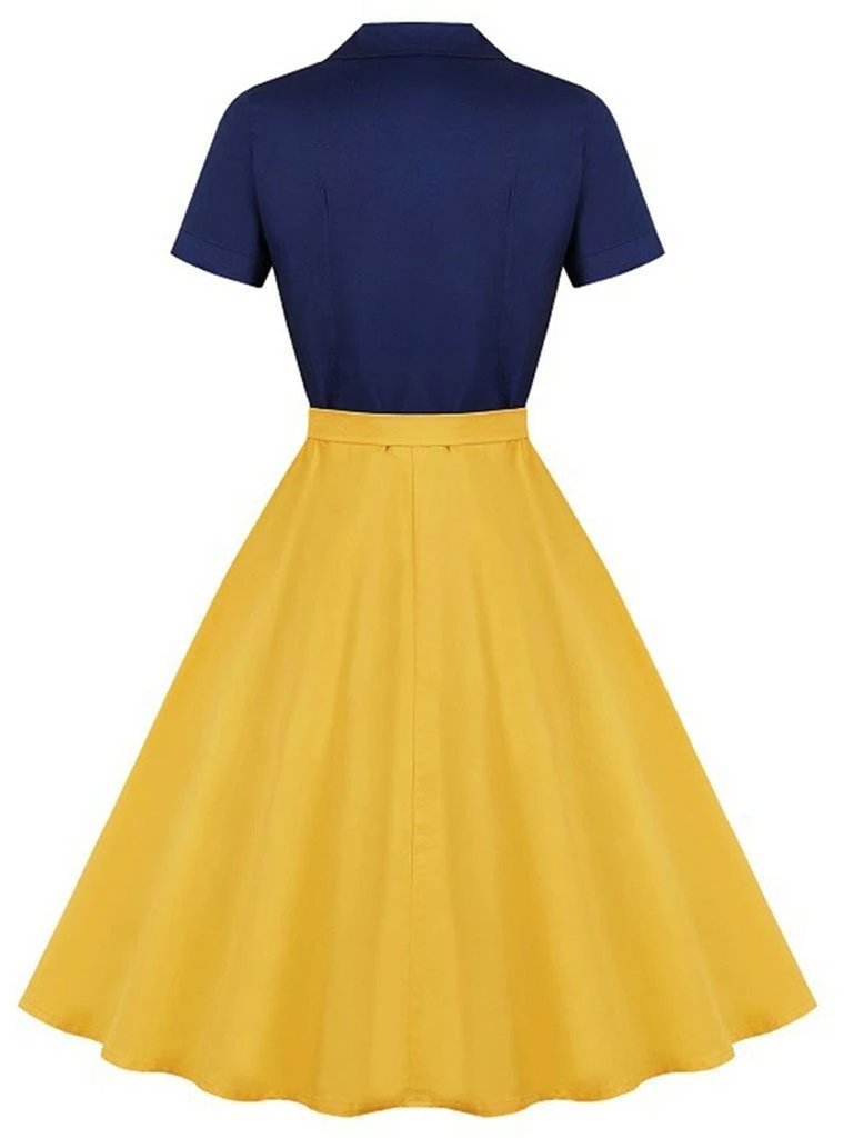 Khaki Grün 1950ER Patchwork V-Ausschnitt Kurzarm Swing Kleid
