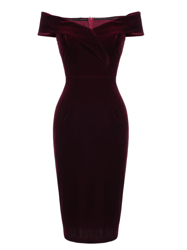 WEINROT SCHULTERFREI PENCIL KLEID