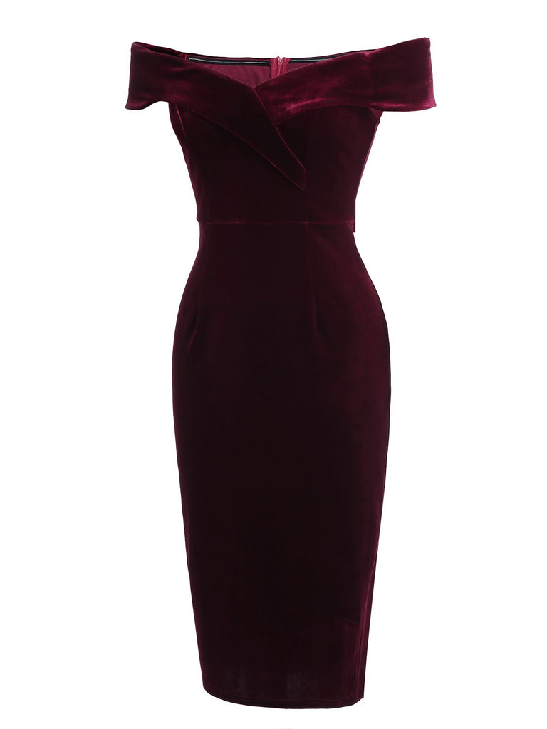 WEINROT SCHULTERFREI PENCIL KLEID