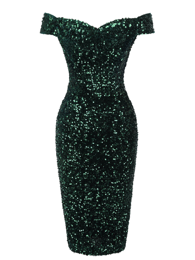 Grün 1960er Pailletten Schulterfrei Bleistift Kleid