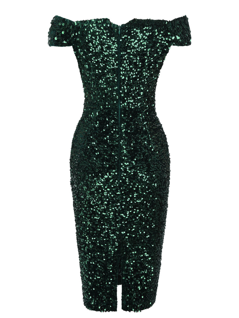Grün 1960er Pailletten Schulterfrei Bleistift Kleid