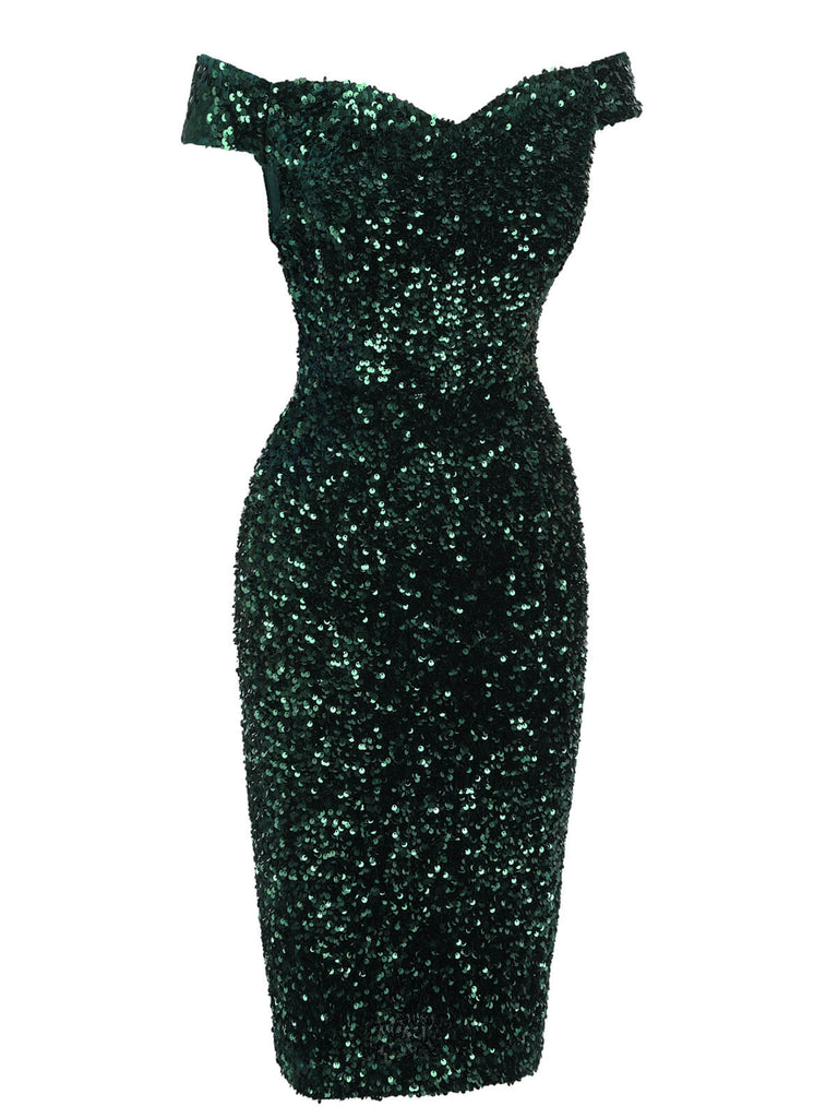 Grün 1960er Pailletten Schulterfrei Bleistift Kleid