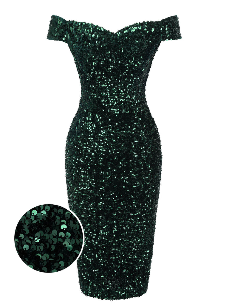 Grün 1960er Pailletten Schulterfrei Bleistift Kleid