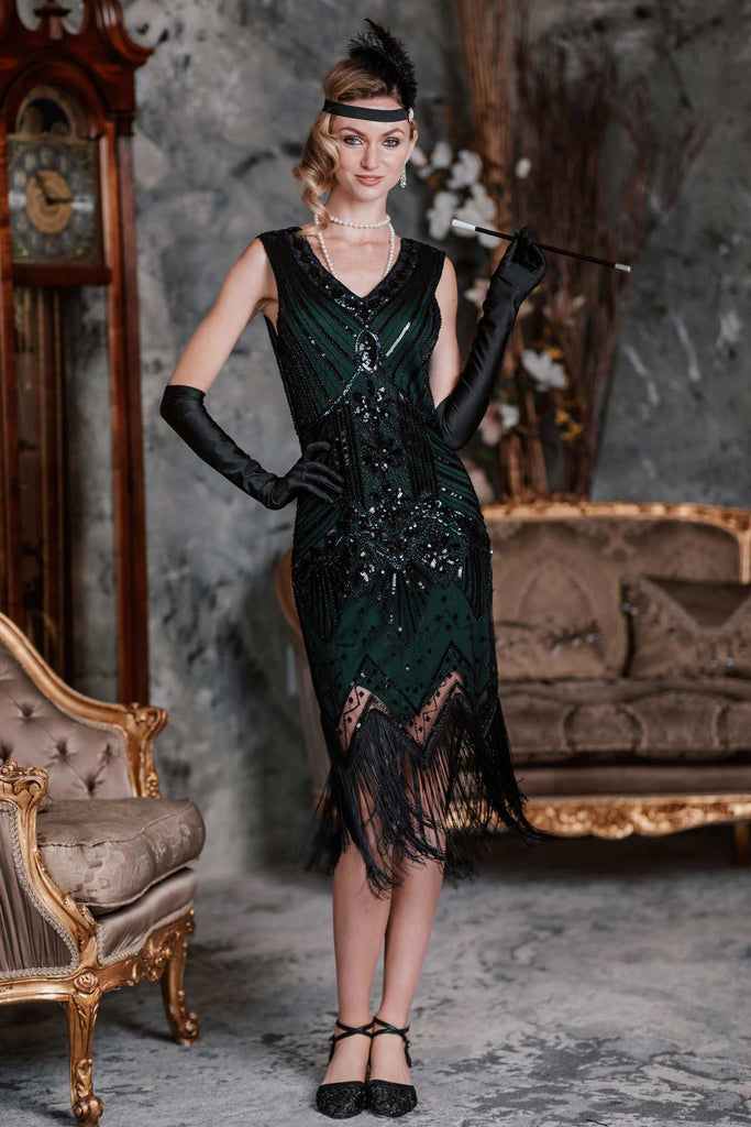 DUNKELGRÜN 1920ER VINTAGE PAILLETTEN FRANSE FLAPPER KLEID