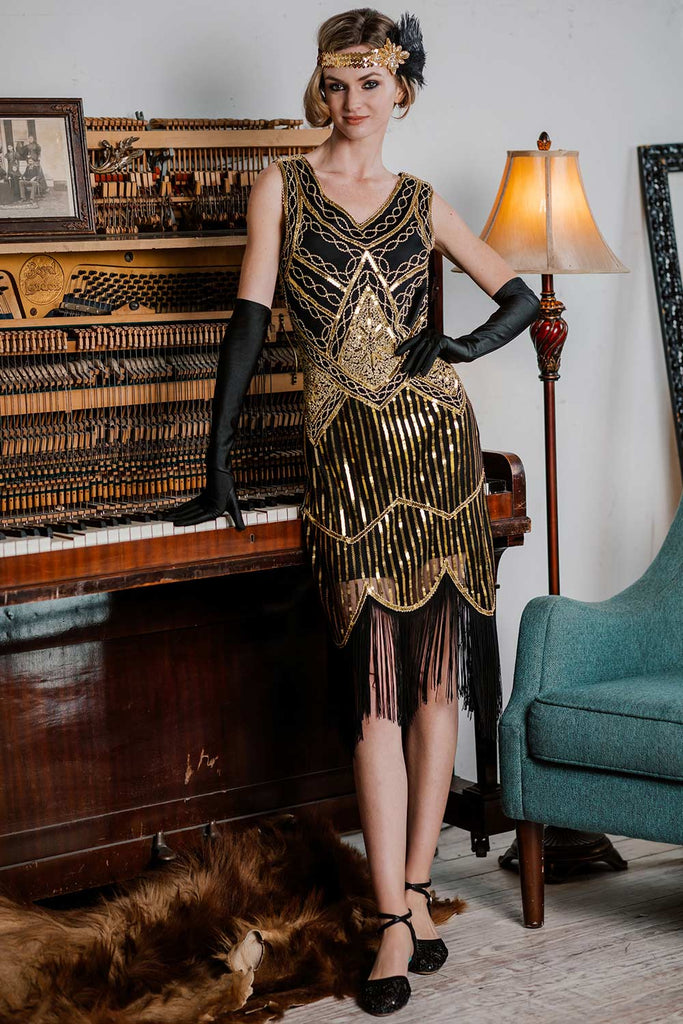 GOLD 1920ER PAILLETTEN FRANSEN FLAPPER KLEID