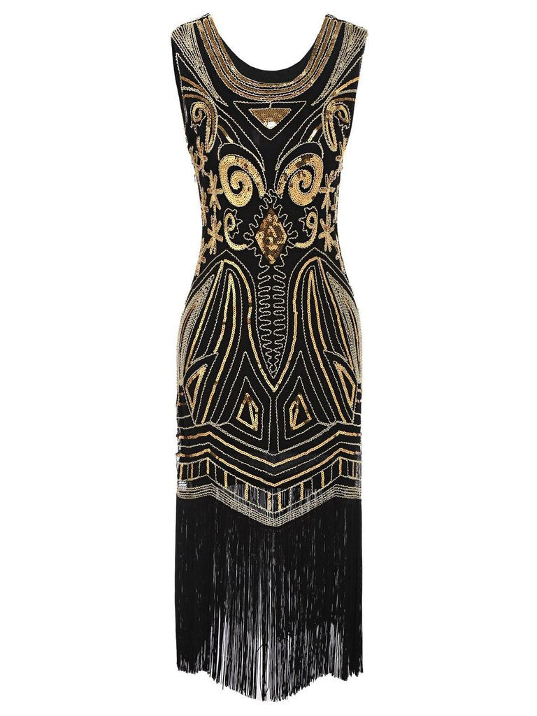GOLD SCHWARZ 1920ER FRANSEN PERLEN VINTAGE KLEID