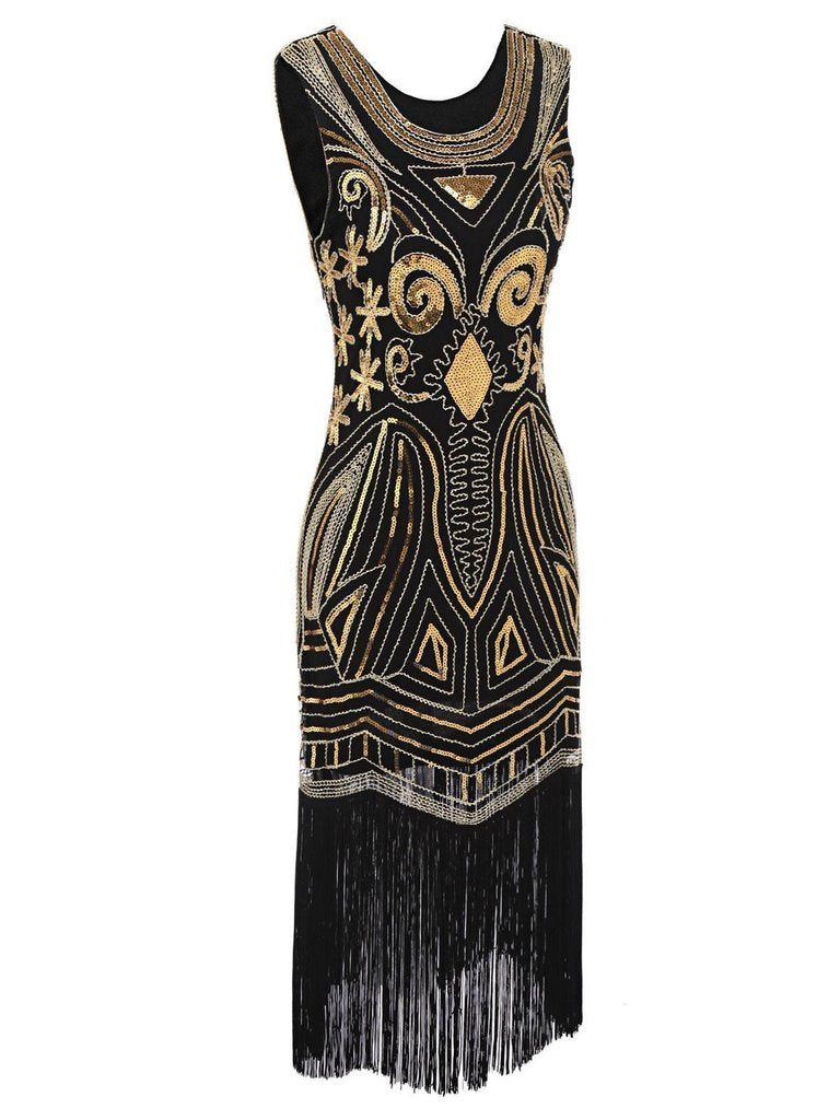 GOLD SCHWARZ 1920ER FRANSEN PERLEN VINTAGE KLEID