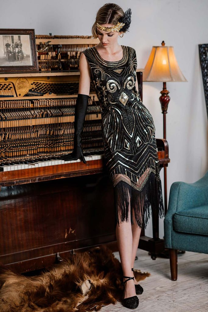 GOLD SCHWARZ 1920ER FRANSEN PERLEN VINTAGE KLEID