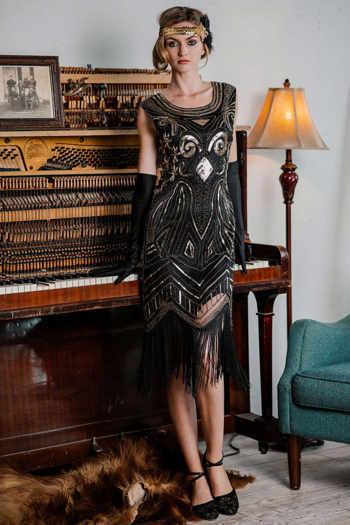 GOLD SCHWARZ 1920ER FRANSEN PERLEN VINTAGE KLEID