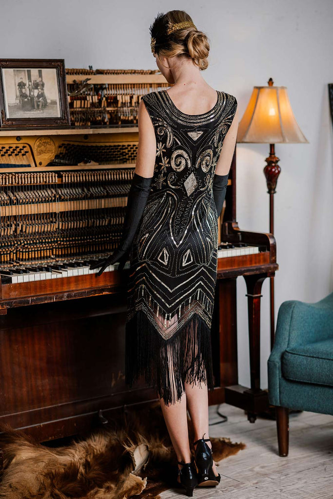 GOLD SCHWARZ 1920ER FRANSEN PERLEN VINTAGE KLEID