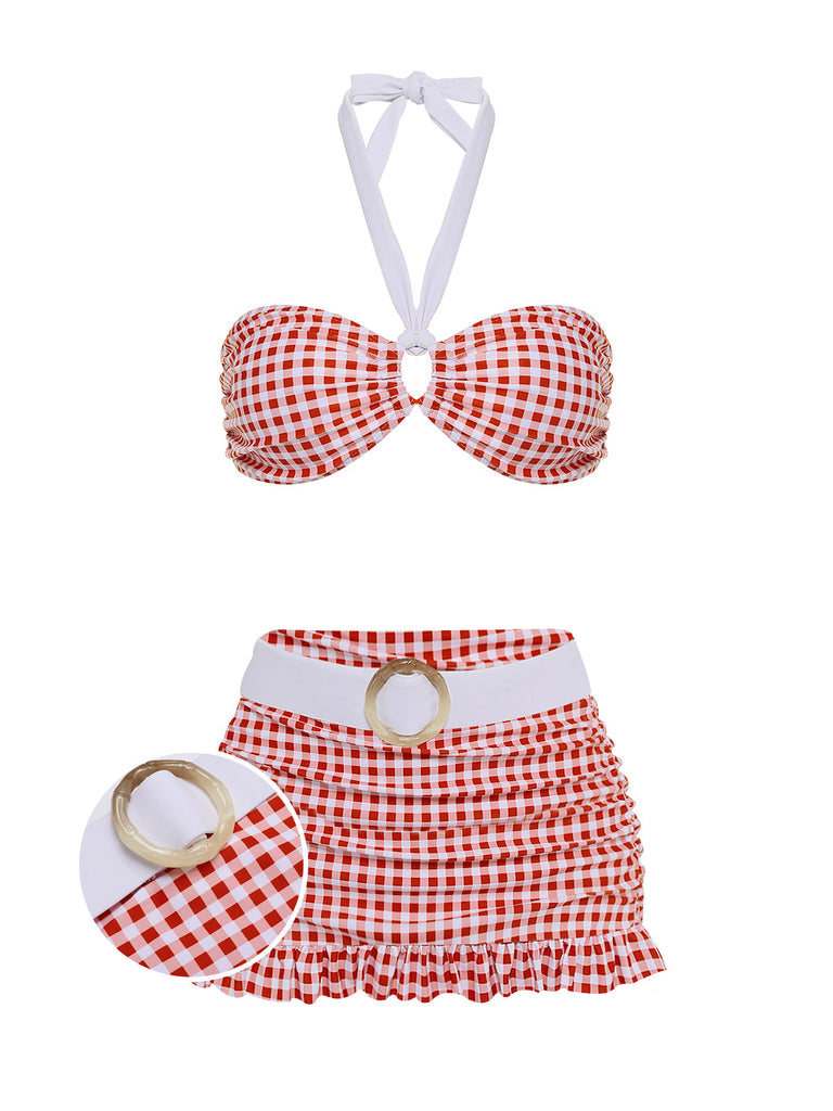 RETRO ROTES KARIERTES HALFTER BIKINI-SET