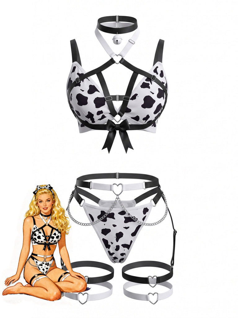 Schwarz-weißes 80er Dessous-Set mit Kuhprint und Kreuzträgern