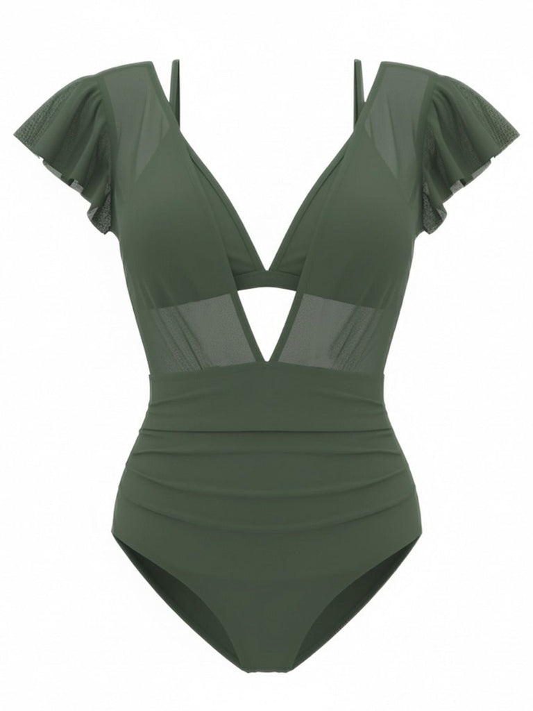1960er Solide Netz Tiefer Ausschnitt Bikini Set & Cover-Up