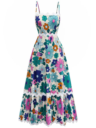 1940er Blumen Rüschen Spaghetti Träger Kleid
