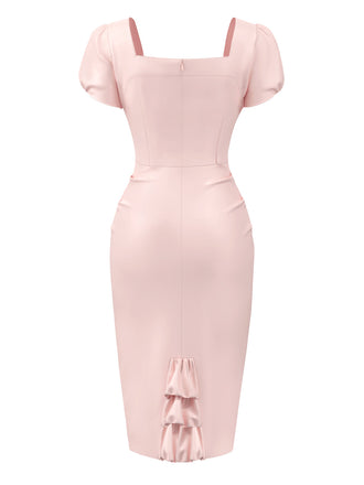 [Vorverkauf] Blassrosa 1960er Herz Puff Bleistift Kleid