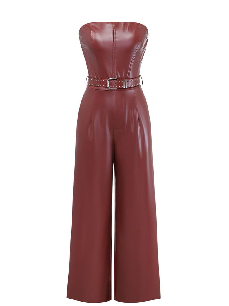 1940er PU Leder Gürtel Trägerlos Jumpsuit