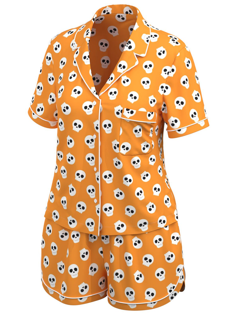 Orange 1970er Halloween Cartoon Totenkopf Pyjama