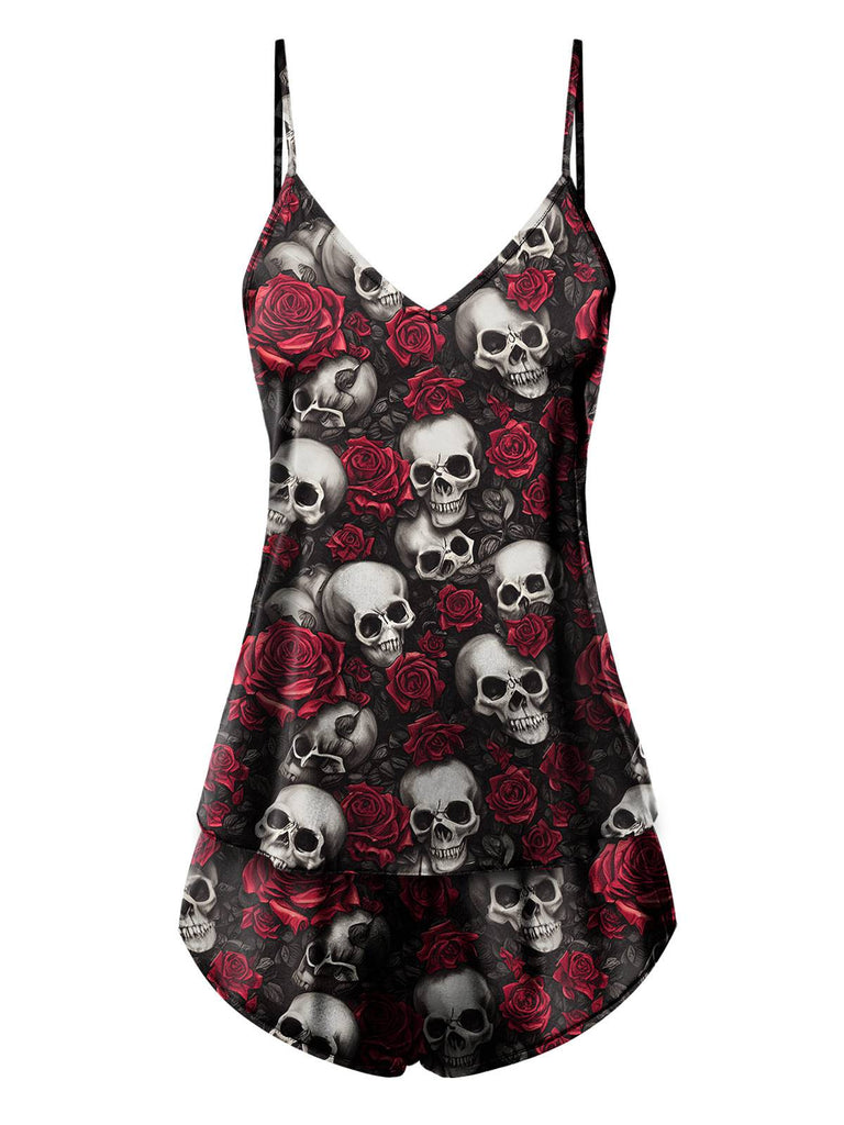 [Vorverkauf] Schwarz 1970er Skelett Rose Schädel Spaghetti Träger Pyjama