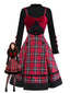 [Vorverkauf] 2PCS 1950er Samt Bogen Rollkragen Stricken Top & Plaid Kleid