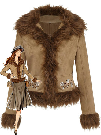 Braun 1970er Kunstwildleder Pelzbesatz Rose Bestickt Jacke