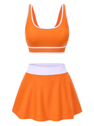 1940er Quadratischer Hals Seitenschlitz Farbblock Rock Bademode