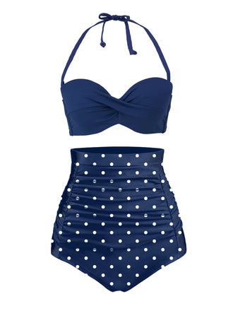 Blau 1950er Halter Polka Dots Bikini Set