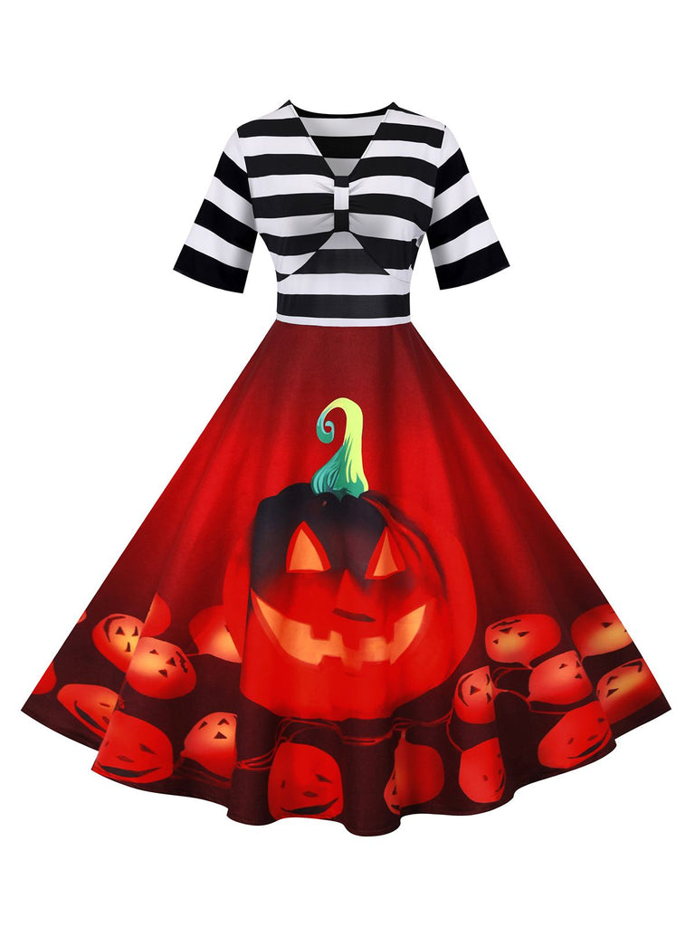 Rot 1950er Halloween Kürbis Streifen Patchwork Kleid