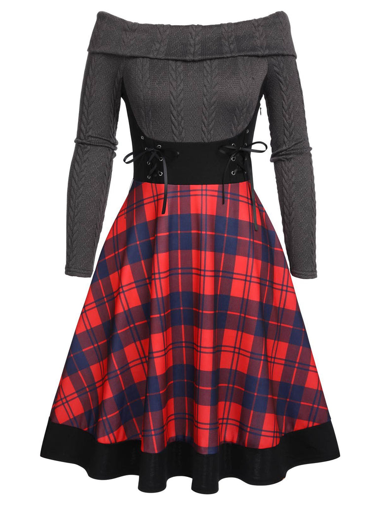 Rot 1950er Karos Gestrickt Schulterfreies Kleid