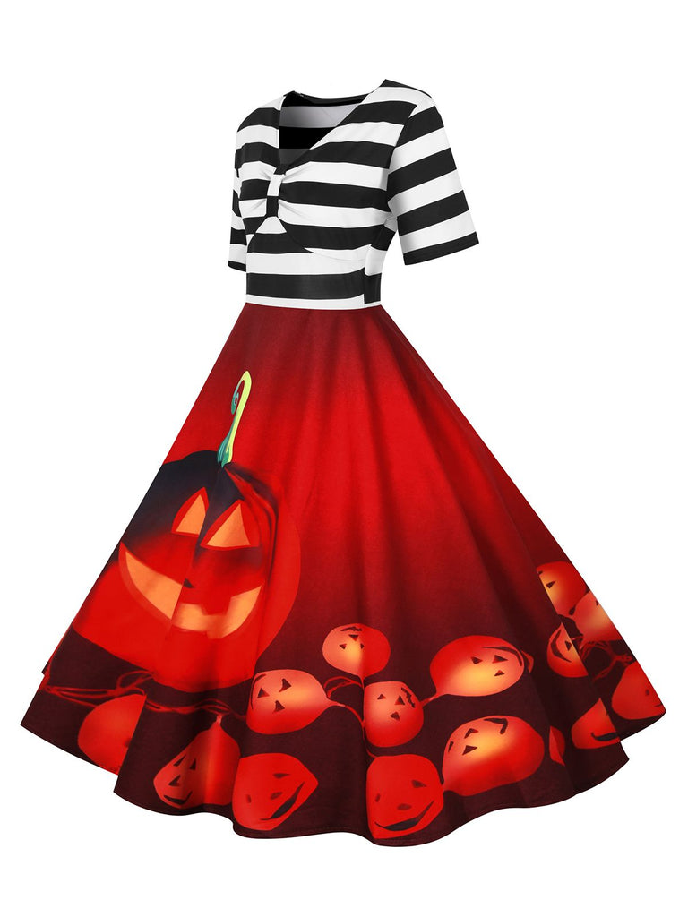 Rot 1950er Halloween Kürbis Streifen Patchwork Kleid