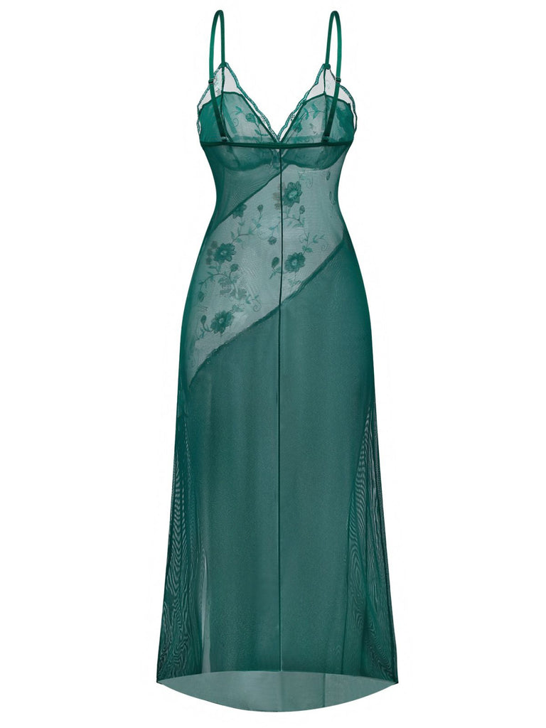 Grün 1930er Spitze Bestickt Blumen Träger Nachthemd