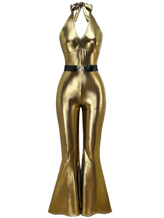 1970er Solide Metallisch Disko Halter Gürtel Jumpsuit