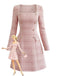 Rosa 1960er Kariert Tweed Geknöpft Quadratischer Hals Kleid
