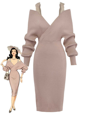 Khaki 1960er Schulterfrei Spitze Schlitz Gestrickt Kleid