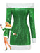 Grünes schulterfreies 80er Weihnachts-Paillettenkleid mit weißem Kunstpelzbesatz