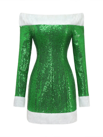 Grünes schulterfreies 80er Weihnachts-Paillettenkleid mit weißem Kunstpelzbesatz