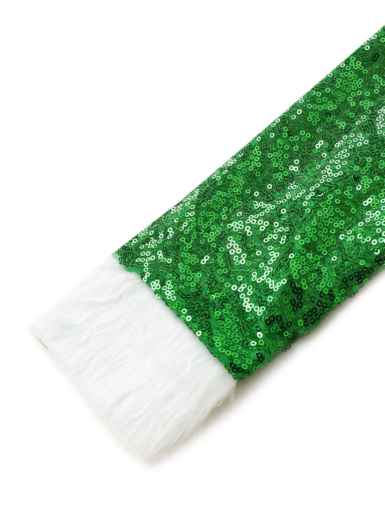 Grünes schulterfreies 80er Weihnachts-Paillettenkleid mit weißem Kunstpelzbesatz