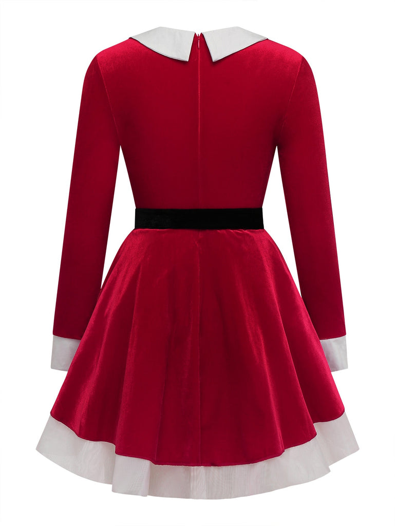 50er Weihnachts-Samtstufenkleid mit weißem Saum und Gürtel