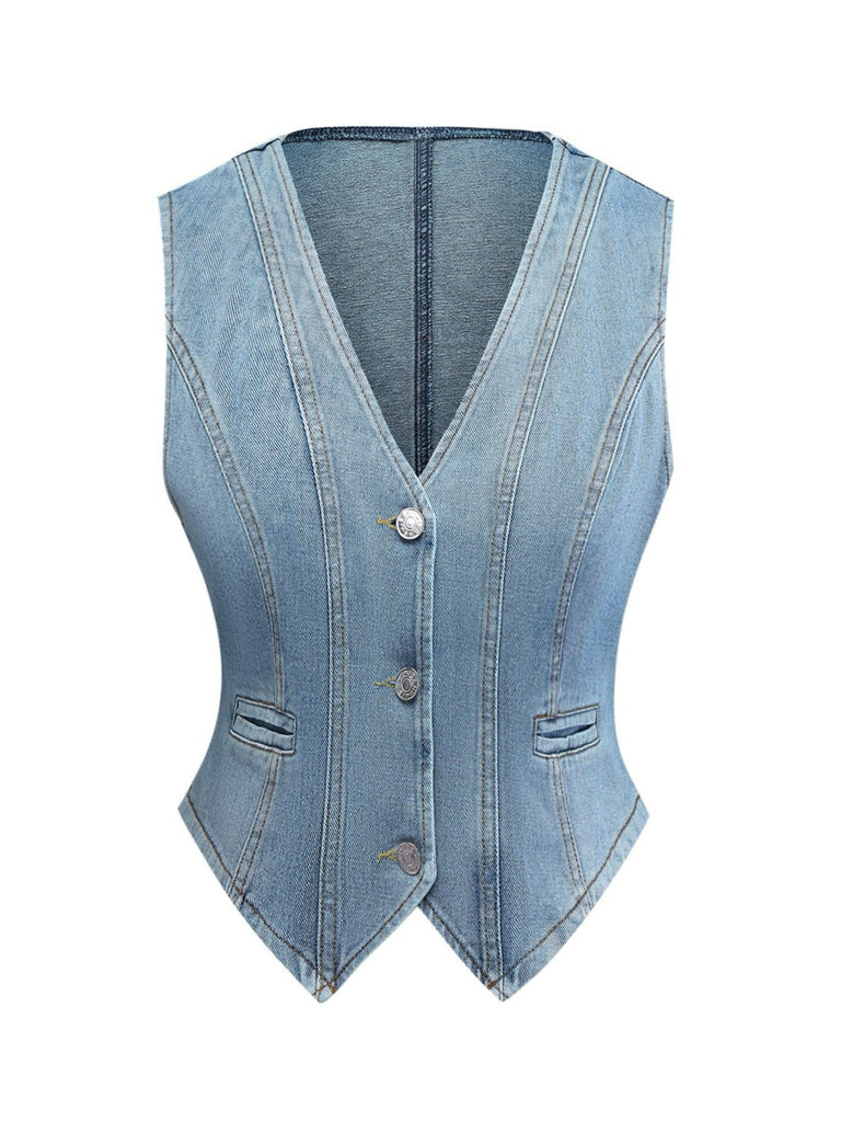 Hellblau 1970er V-Ausschnitt Denim Kurze Weste