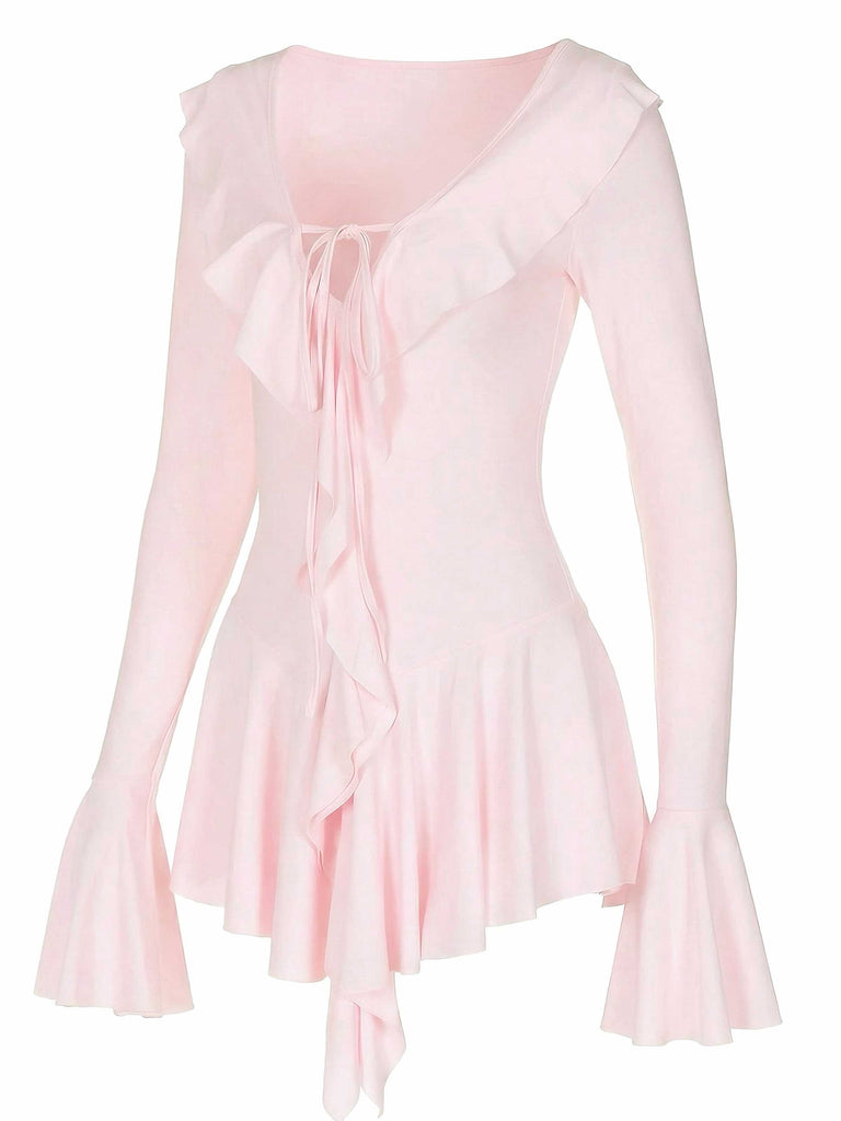 Rosa 1960er V-Ausschnitt Rüschen Ausgestellt Ärmel Kleid
