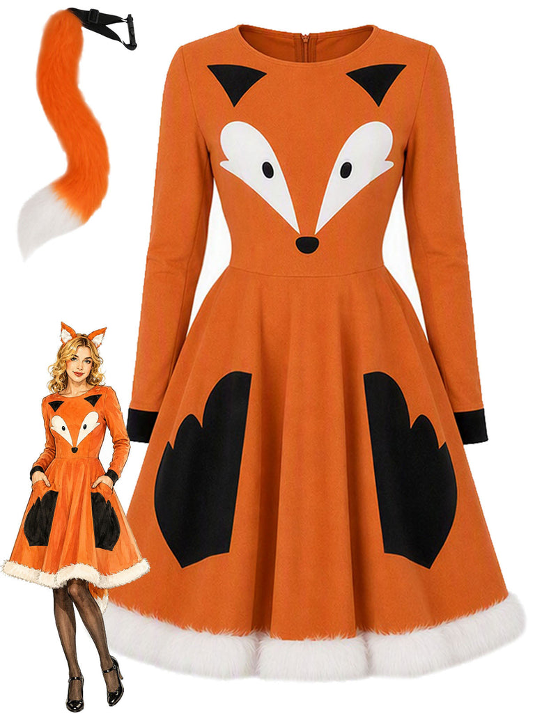 Orange 50er Fuchs-Kostümkleid mit Kunstpelz und Schwanz