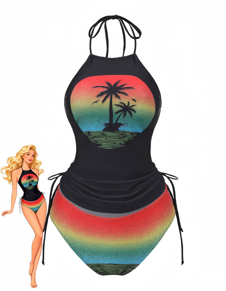 Schwarz 1940er Sonnenuntergang Palmen Batik Tankinis