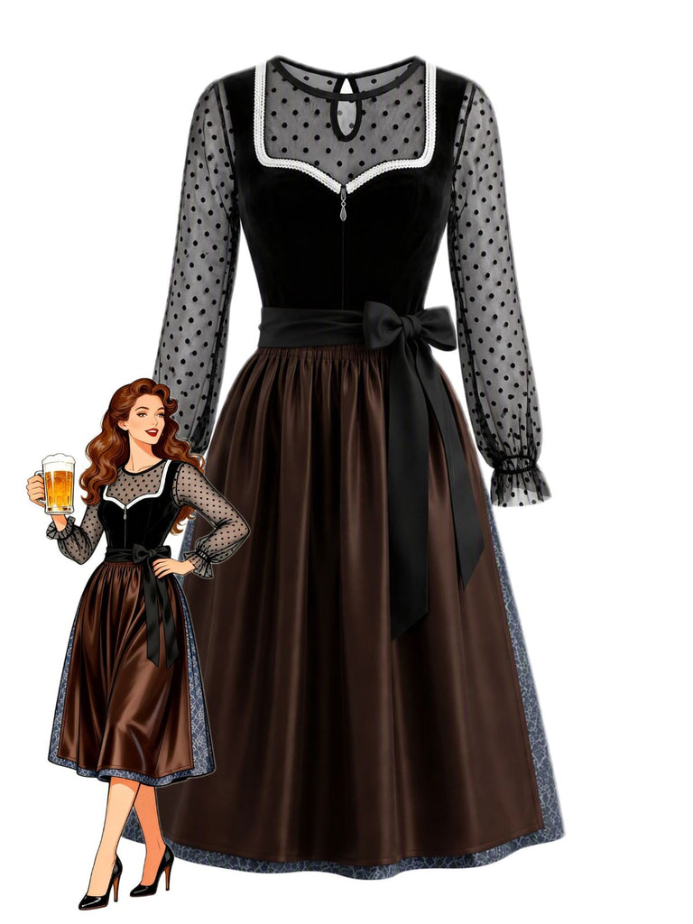 Schwarzes Oktoberfest Dirndl-Set mit Polka-Dots und Kontrastbesatz