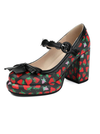Retro Leder Erdbeere Bogen Klobige Absätze