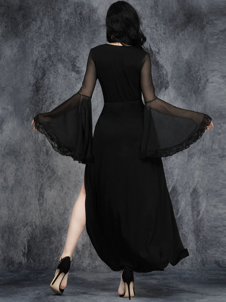 Schwarz 1980er Gothic Schlitz Ausgestellte Ärmel Spitze Kleid