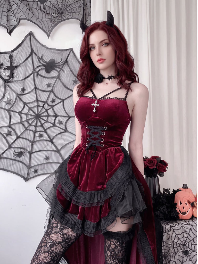 40er Halloween-Gothic-Kleid aus Samt mit asymmetrischer Schleppe