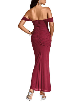 Weinrotes 30er einfarbiges schulterfreies Bodycon-Maxikleid